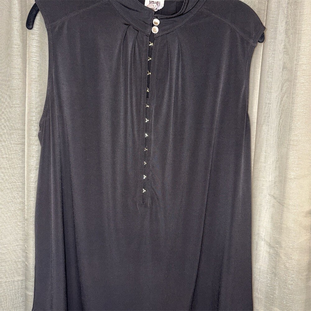 Anne Kline Blouse Womens Black Sleeveless Mandarin Collar Pleated Workwear